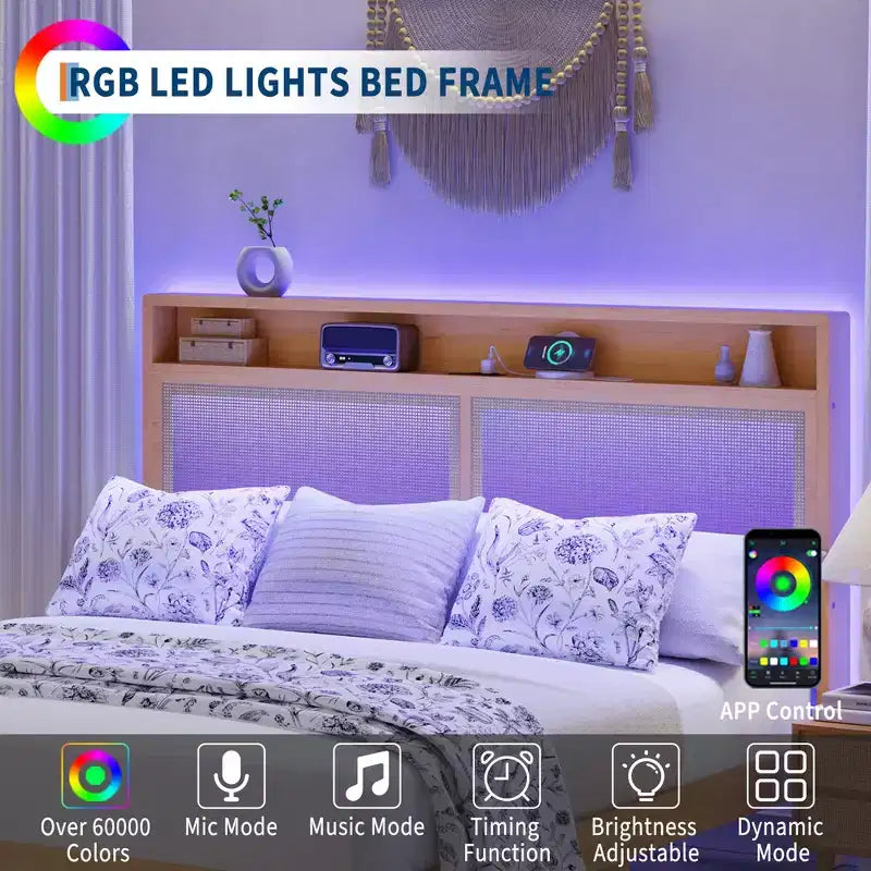 Cadre de lit en rotin naturel avec LED et station de charge – Lit double/King, 1 personne