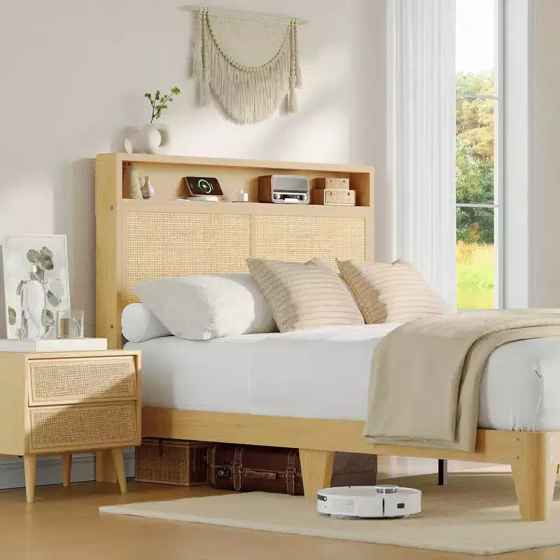 Cadre de lit en rotin naturel avec LED et station de charge – Lit double/King, 1 personne