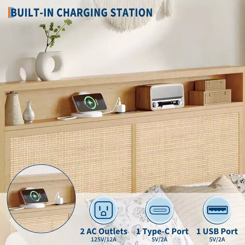 Cadre de lit en rotin naturel avec LED et station de charge – Lit double/King, 1 personne