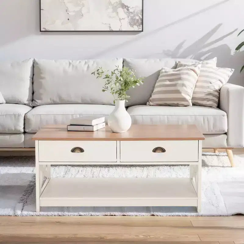 Table basse à 2 niveaux ivoire avec cadre en X, bois, 1 personne