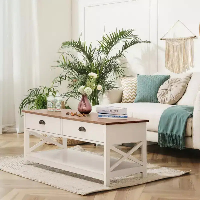 Table basse à 2 niveaux ivoire avec cadre en X, bois, 1 personne