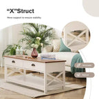 Table basse à 2 niveaux ivoire avec cadre en X, bois, 1 personne
