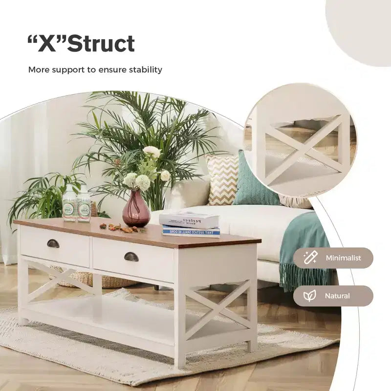 Table basse à 2 niveaux ivoire avec cadre en X, bois, 1 personne