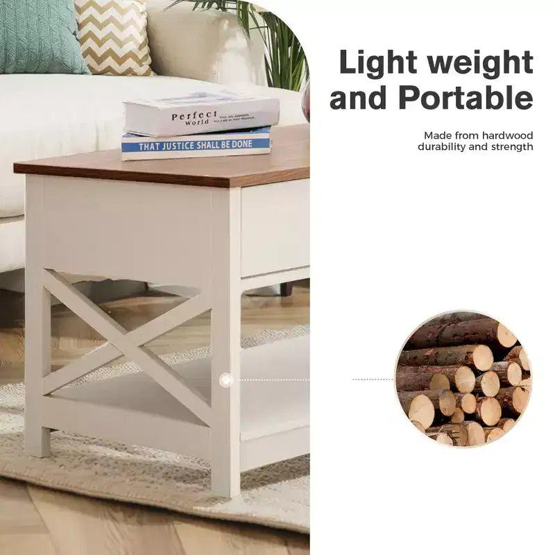 Table basse à 2 niveaux ivoire avec cadre en X, bois, 1 personne