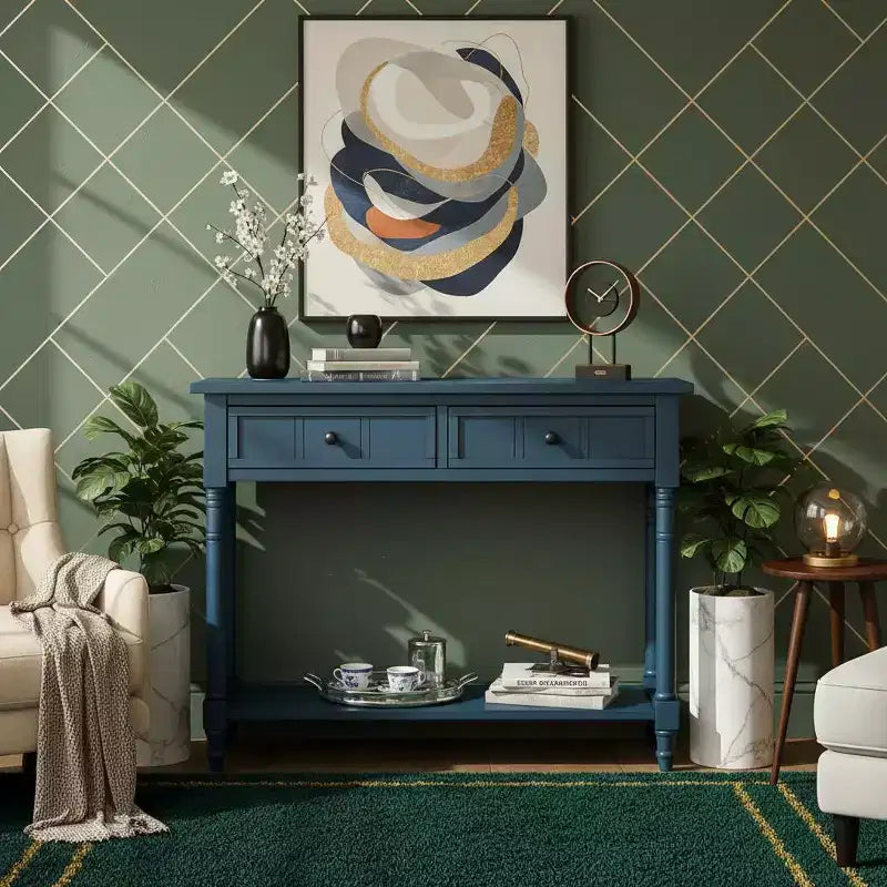 Console traditionnelle avec tiroirs et étagère inférieure, noire / bleu marine foncé / naturelle