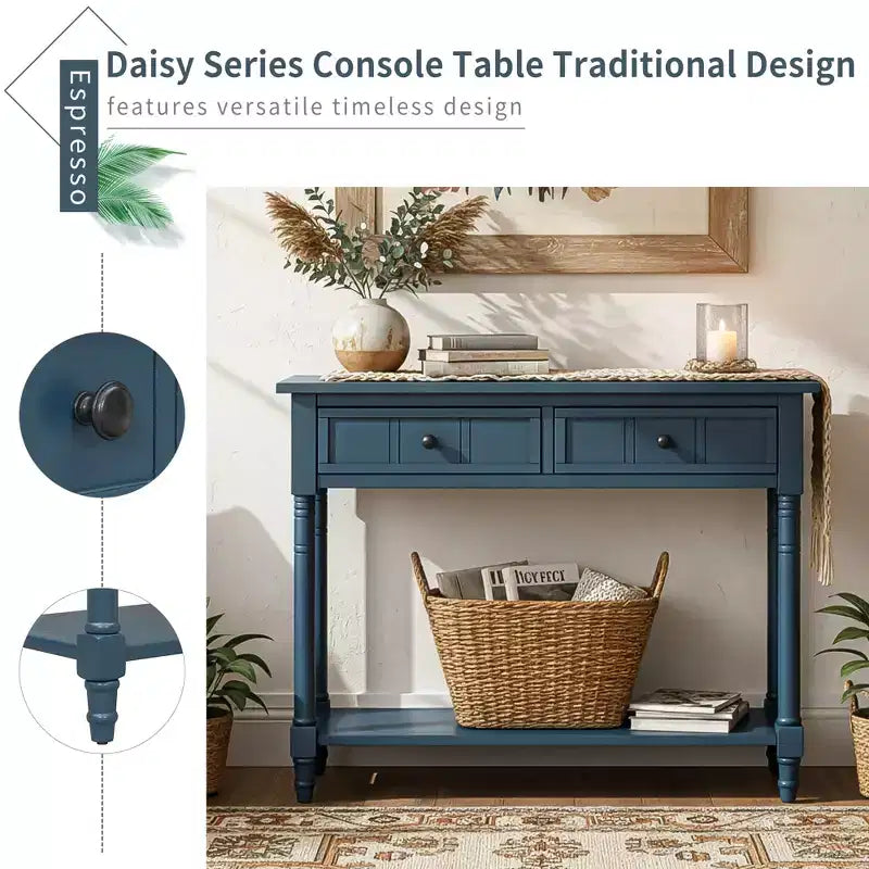 Console traditionnelle avec tiroirs et étagère inférieure, noire / bleu marine foncé / naturelle