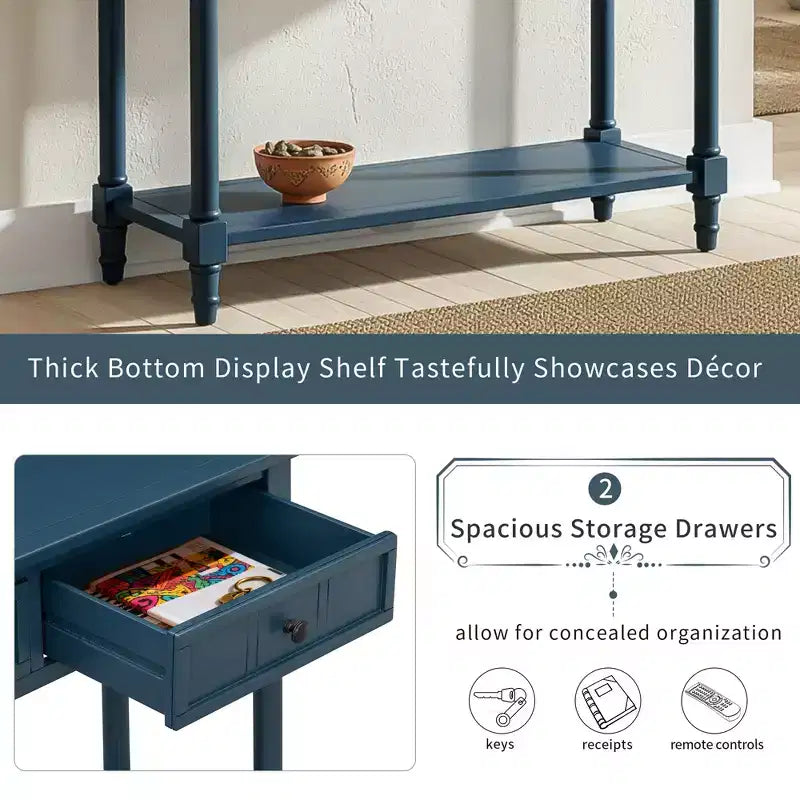 Console traditionnelle avec tiroirs et étagère inférieure, noire / bleu marine foncé / naturelle