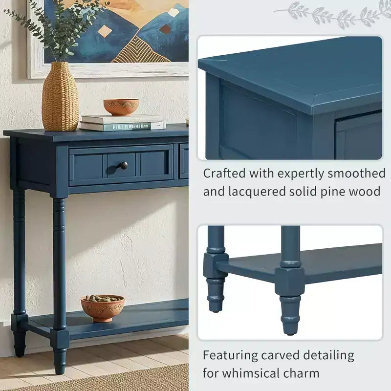 Console traditionnelle avec tiroirs et étagère inférieure, noire / bleu marine foncé / naturelle