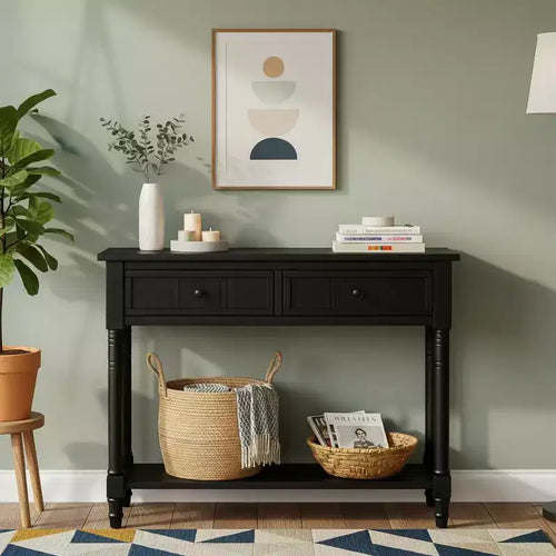 Console traditionnelle avec tiroirs et étagère inférieure, noire / bleu marine foncé / naturelle
