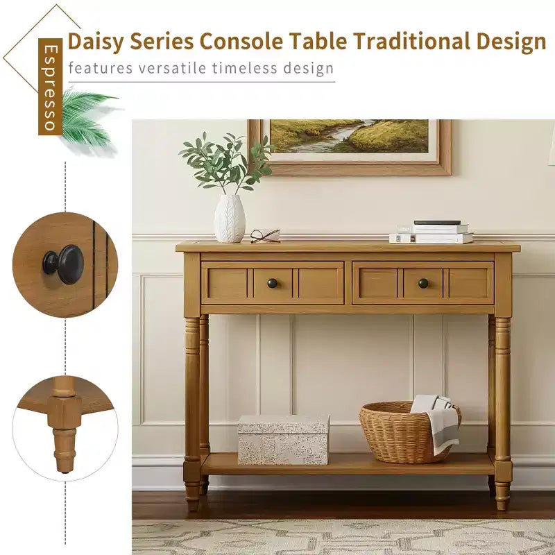 Console traditionnelle avec tiroirs et étagère inférieure, noire / bleu marine foncé / naturelle