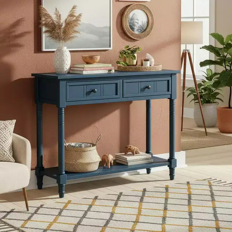 Console traditionnelle avec tiroirs et étagère inférieure, noire / bleu marine foncé / naturelle