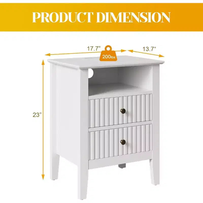 Table de chevet blanche avec station de recharge, 2 tiroirs et étagère – Lot de 1