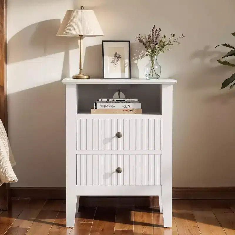 Table de chevet blanche avec station de recharge, 2 tiroirs et étagère – Lot de 1