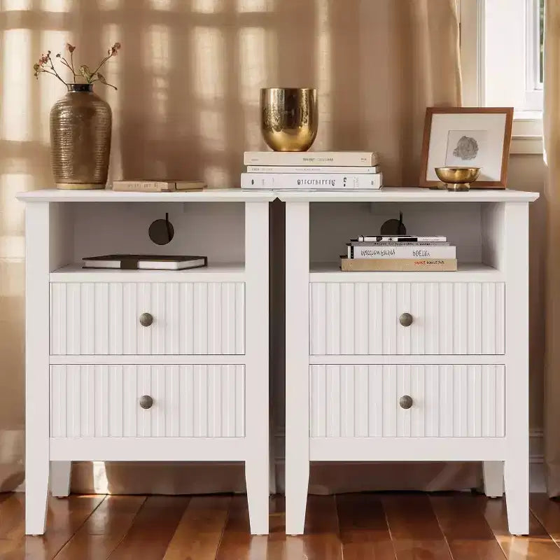 Table de chevet blanche avec station de recharge, 2 tiroirs et étagère – Lot de 1
