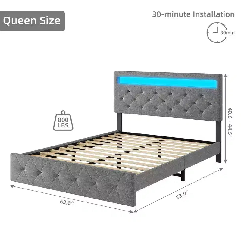 Cadre de lit plateforme Queen avec lumières LED et station de recharge, gris, style moderne, convient pour 1 à 2 personnes
