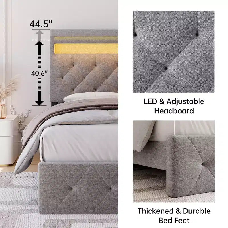 Cadre de lit plateforme Queen avec lumières LED et station de recharge, gris, style moderne, convient pour 1 à 2 personnes