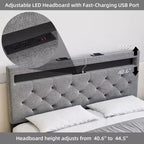 Cadre de lit plateforme Queen avec lumières LED et station de recharge, gris, style moderne, convient pour 1 à 2 personnes
