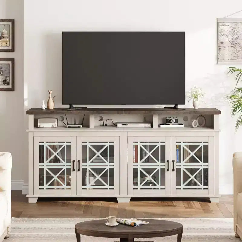 Meuble TV de ferme gris/blanc avec portes en verre à motifs, compatible avec les téléviseurs jusqu'à 80 pouces, 1 pièce