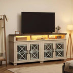 Meuble TV de ferme gris/blanc avec portes en verre à motifs, compatible avec les téléviseurs jusqu'à 80 pouces, 1 pièce