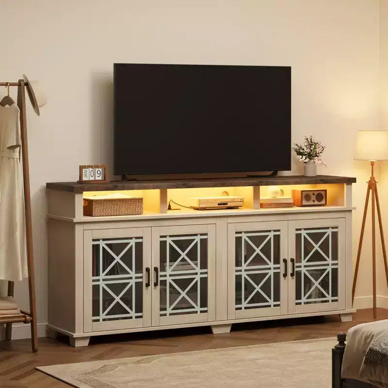 Meuble TV de ferme gris/blanc avec portes en verre à motifs, compatible avec les téléviseurs jusqu'à 80 pouces, 1 pièce