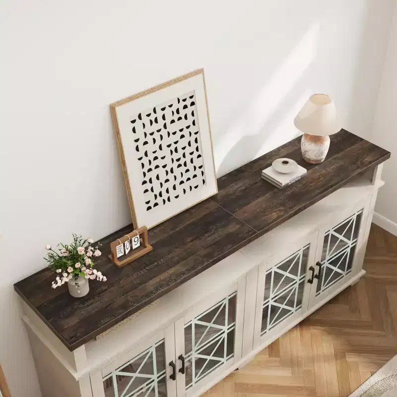 Meuble TV de ferme gris/blanc avec portes en verre à motifs, compatible avec les téléviseurs jusqu'à 80 pouces, 1 pièce