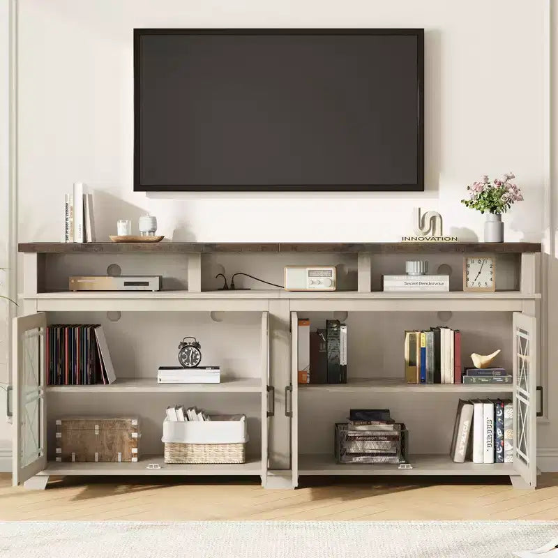Meuble TV de ferme gris/blanc avec portes en verre à motifs, compatible avec les téléviseurs jusqu'à 80 pouces, 1 pièce
