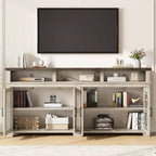 Meuble TV de ferme gris/blanc avec portes en verre à motifs, compatible avec les téléviseurs jusqu'à 80 pouces, 1 pièce