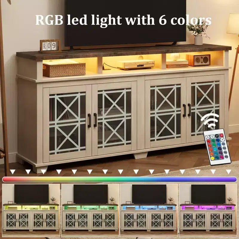 Meuble TV de ferme gris/blanc avec portes en verre à motifs, compatible avec les téléviseurs jusqu'à 80 pouces, 1 pièce