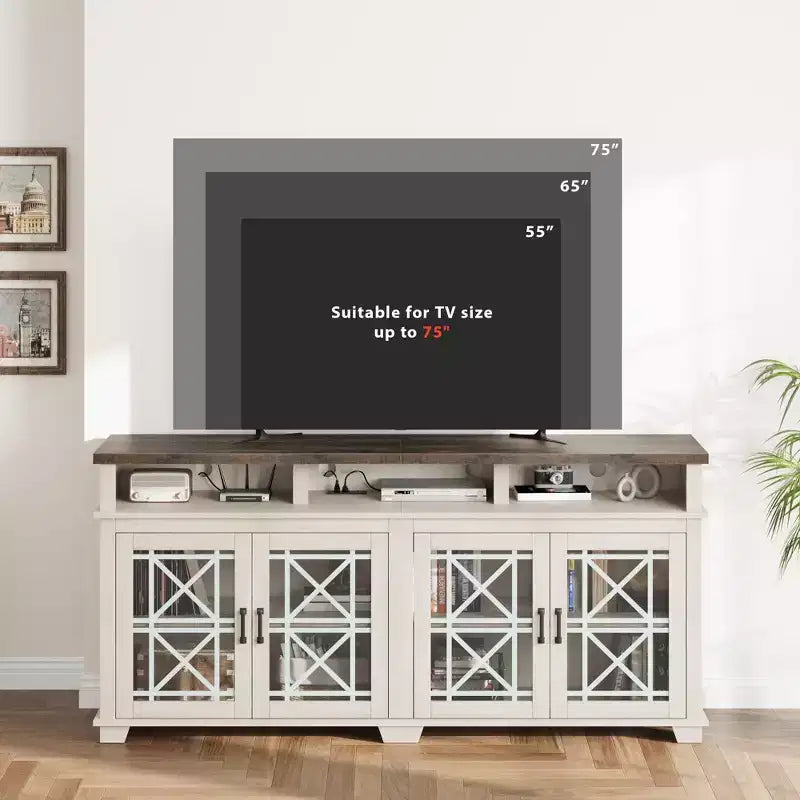 Meuble TV de ferme gris/blanc avec portes en verre à motifs, compatible avec les téléviseurs jusqu'à 80 pouces, 1 pièce