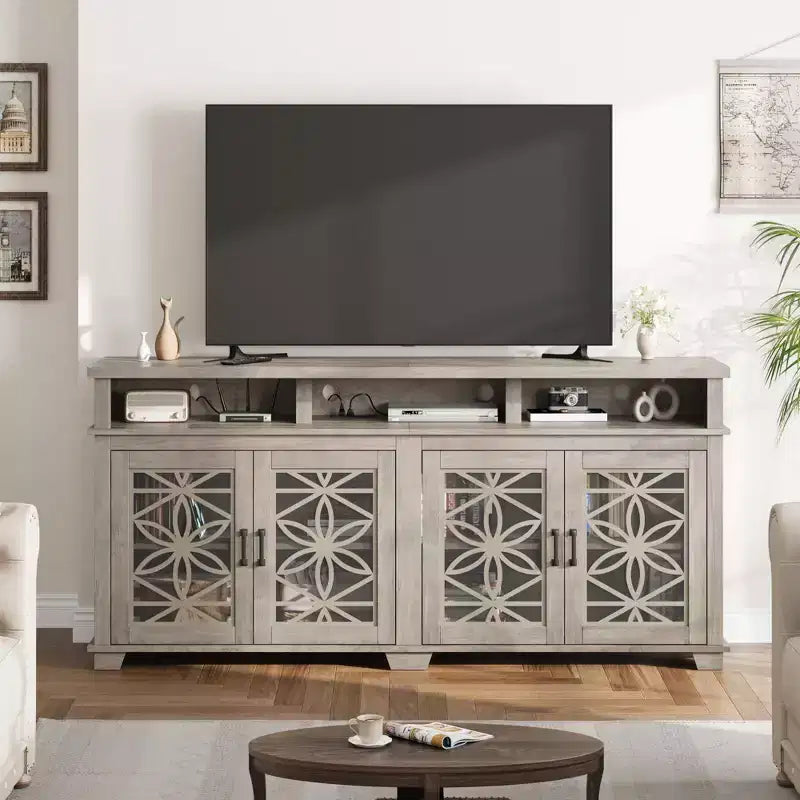 Meuble TV de ferme gris/blanc avec portes en verre à motifs, compatible avec les téléviseurs jusqu'à 80 pouces, 1 pièce