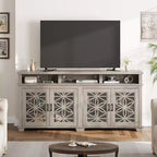 Meuble TV de ferme gris/blanc avec portes en verre à motifs, compatible avec les téléviseurs jusqu'à 80 pouces, 1 pièce