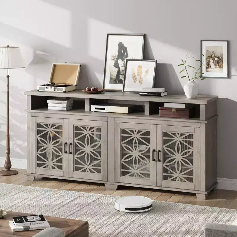 Meuble TV de ferme gris/blanc avec portes en verre à motifs, compatible avec les téléviseurs jusqu'à 80 pouces, 1 pièce