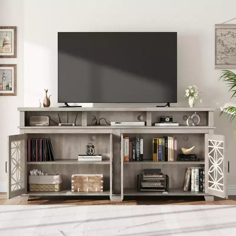 Meuble TV de ferme gris/blanc avec portes en verre à motifs, compatible avec les téléviseurs jusqu'à 80 pouces, 1 pièce