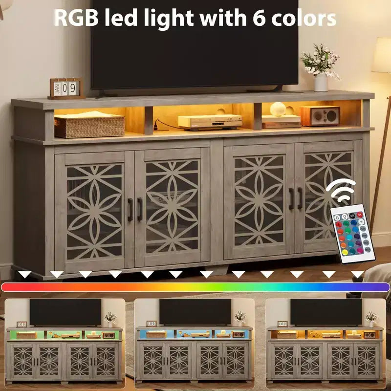Meuble TV de ferme gris/blanc avec portes en verre à motifs, compatible avec les téléviseurs jusqu'à 80 pouces, 1 pièce