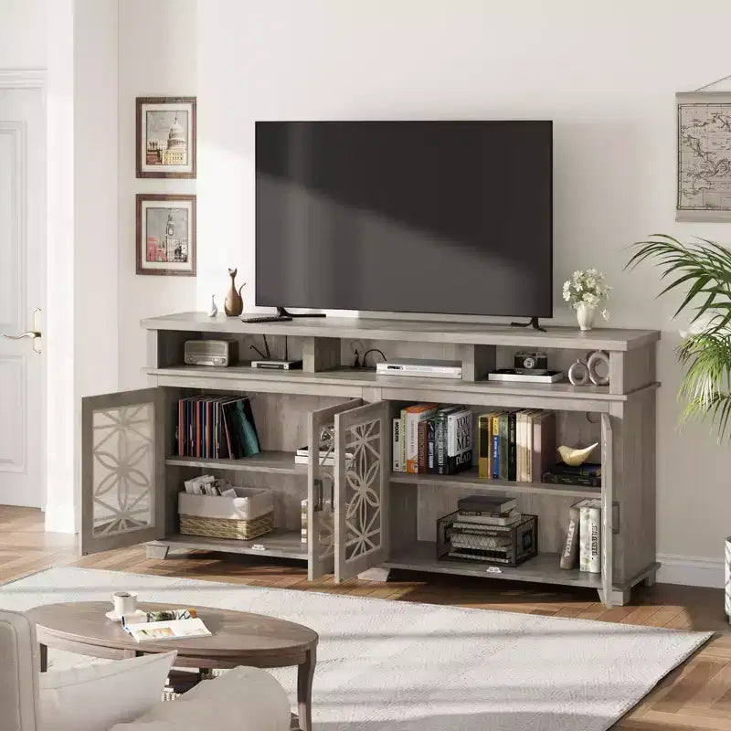 Meuble TV de ferme gris/blanc avec portes en verre à motifs, compatible avec les téléviseurs jusqu'à 80 pouces, 1 pièce