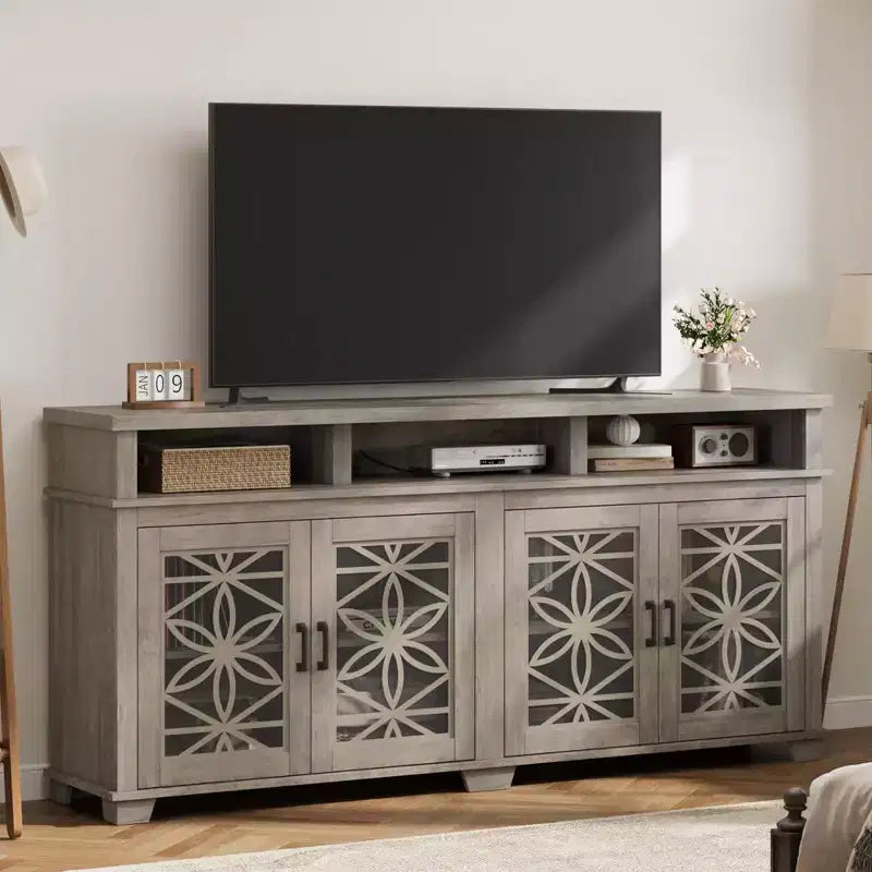 Farmhouse TV Stand for 80 inch, Modern Entertainment Center with Pattern Glass Doors, Wooden Media Console Cabinet Table for Living Room