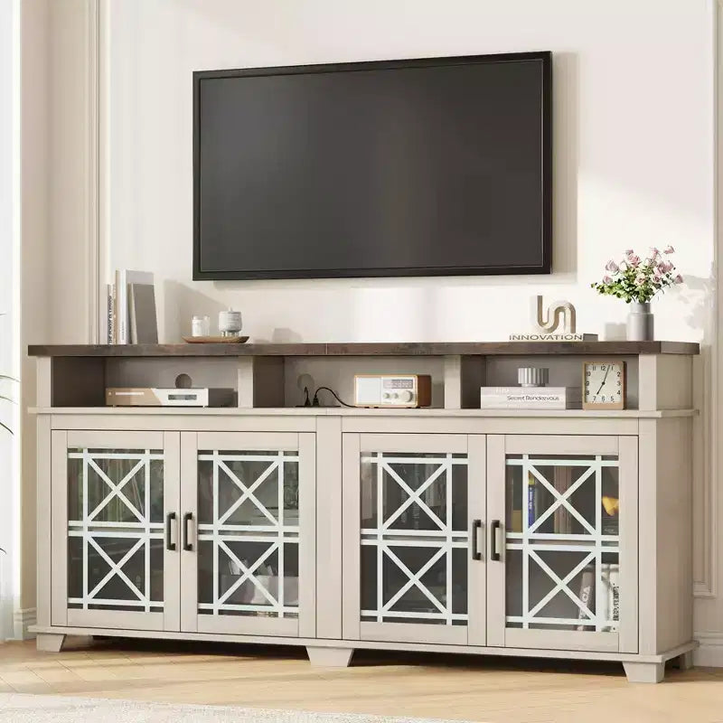 Meuble TV de ferme gris/blanc avec portes en verre à motifs, compatible avec les téléviseurs jusqu'à 80 pouces, 1 pièce