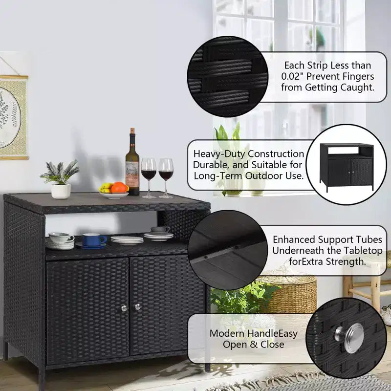 Meuble de rangement d'extérieur en osier noir+marron / noir+gris avec 2 portes et étagère
