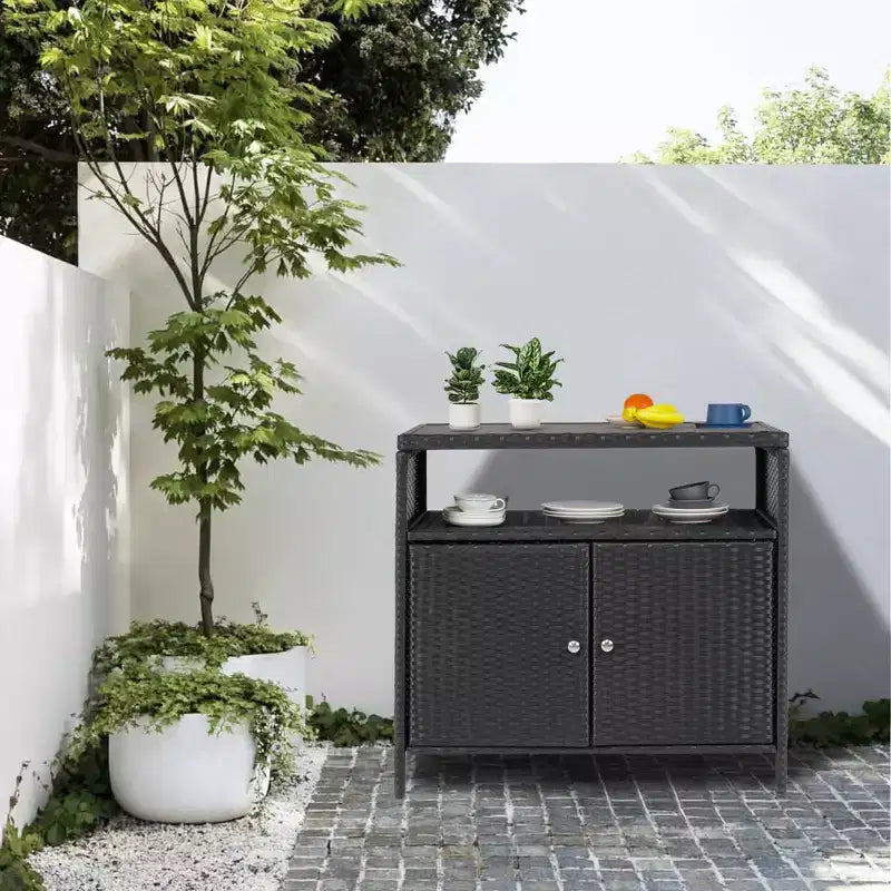 Meuble de rangement d'extérieur en osier noir+marron / noir+gris avec 2 portes et étagère