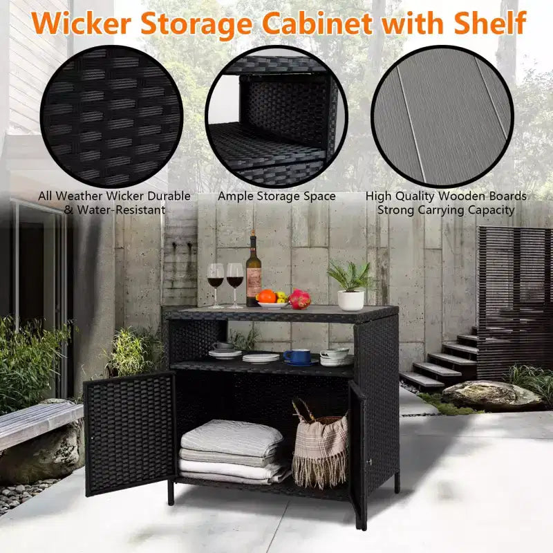 Meuble de rangement d'extérieur en osier noir+marron / noir+gris avec 2 portes et étagère