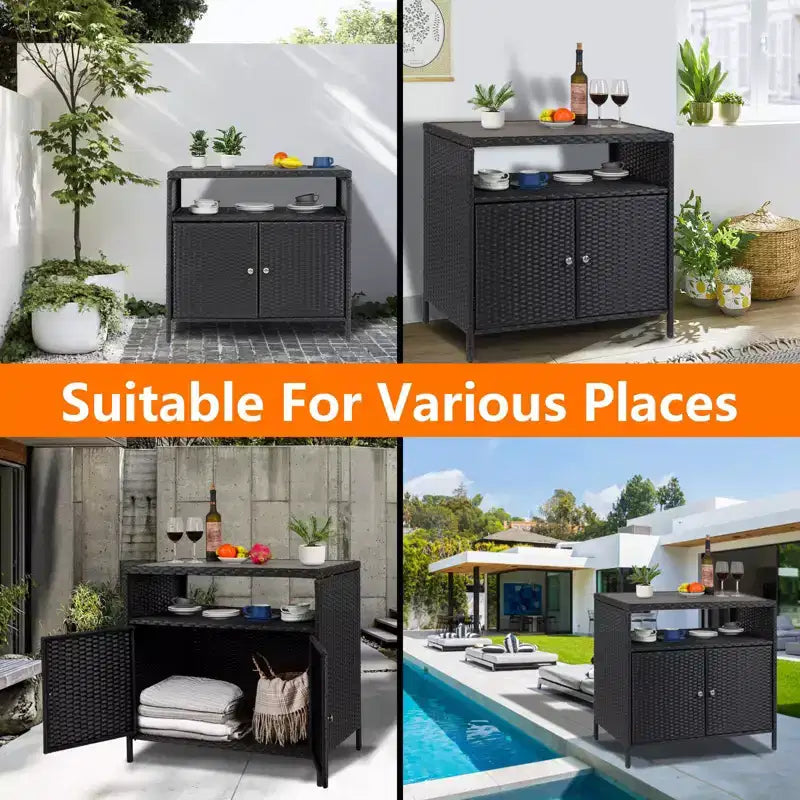 Meuble de rangement d'extérieur en osier noir+marron / noir+gris avec 2 portes et étagère