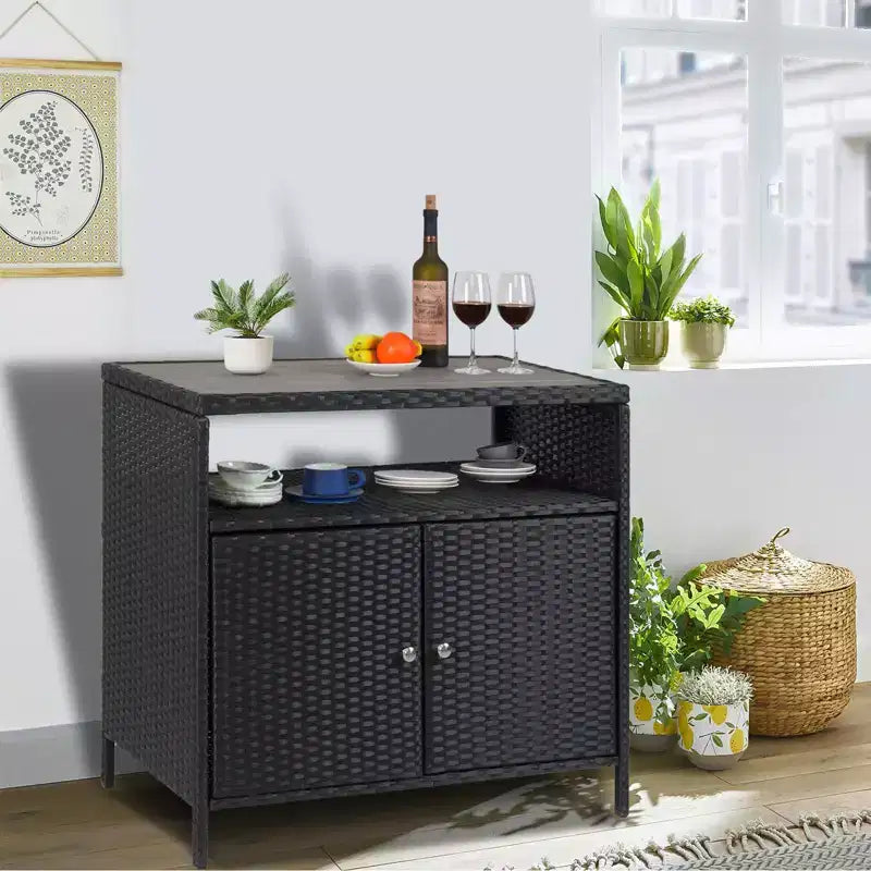 Meuble de rangement d'extérieur en osier noir+marron / noir+gris avec 2 portes et étagère