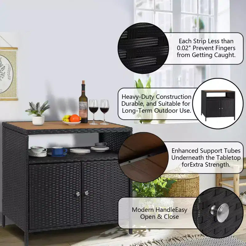 Meuble de rangement d'extérieur en osier noir+marron / noir+gris avec 2 portes et étagère