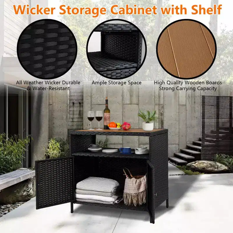 Meuble de rangement d'extérieur en osier noir+marron / noir+gris avec 2 portes et étagère