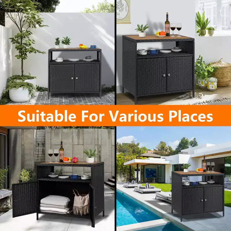 Meuble de rangement d'extérieur en osier noir+marron / noir+gris avec 2 portes et étagère