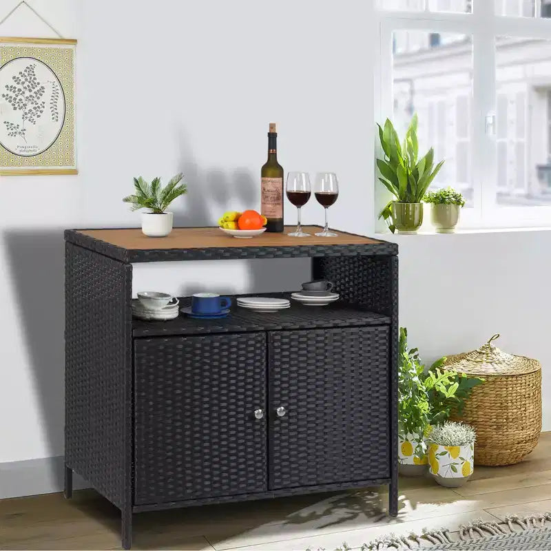 Meuble de rangement d'extérieur en osier noir+marron / noir+gris avec 2 portes et étagère