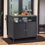 Patio Outdoor Wicker Storage Cabinet with Shelf,Powder Coated Steel,Patio Bar Table with 2-Door and Shelf,All Weather Resin Wicker, Patio Pool Garden