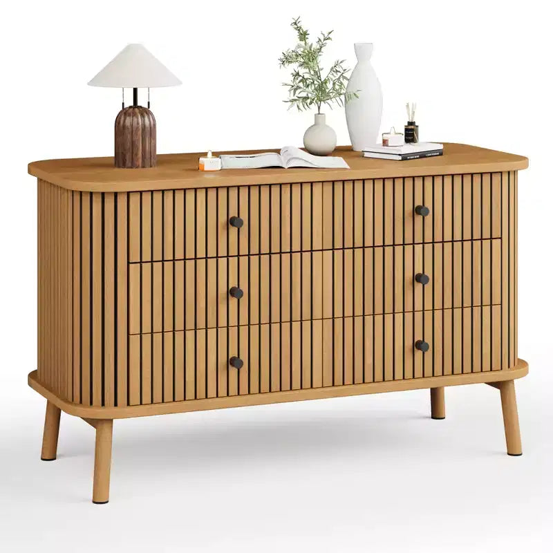 Commode en bois 6 tiroirs, style cannelé, naturel, 1 personne