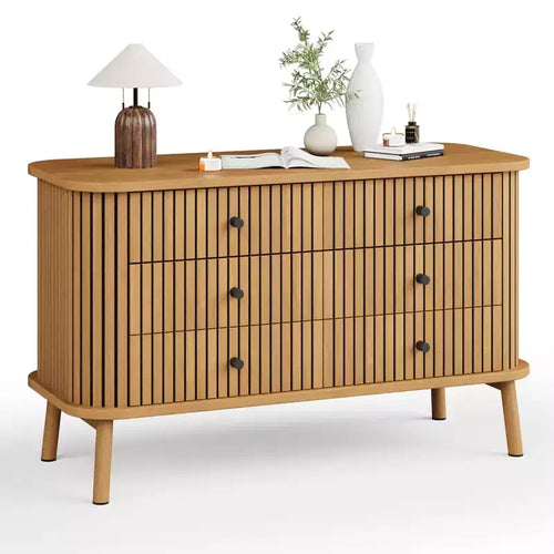 Commode en bois 6 tiroirs, style cannelé, naturel, 1 personne