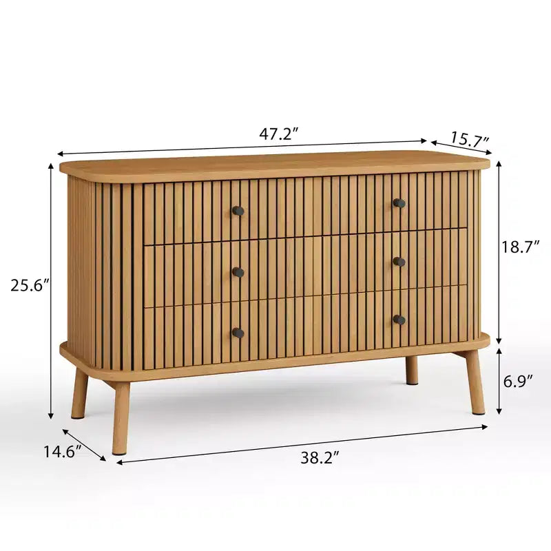 Commode en bois 6 tiroirs, style cannelé, naturel, 1 personne